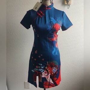 🆕 Authentic Chinese Blue & Red Qipao midi Dress Koi fish cherry blossom fans_Sm